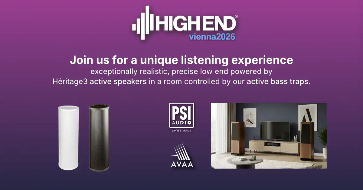 PSI Audio at HIGH END 2026 with high-end speakers Héritage3 and active bass trap AVAA C214